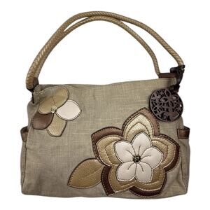 Relic Purse Beige Canvas Tea Rose Appliqué Double Shoulder Strap Hobo Handbag